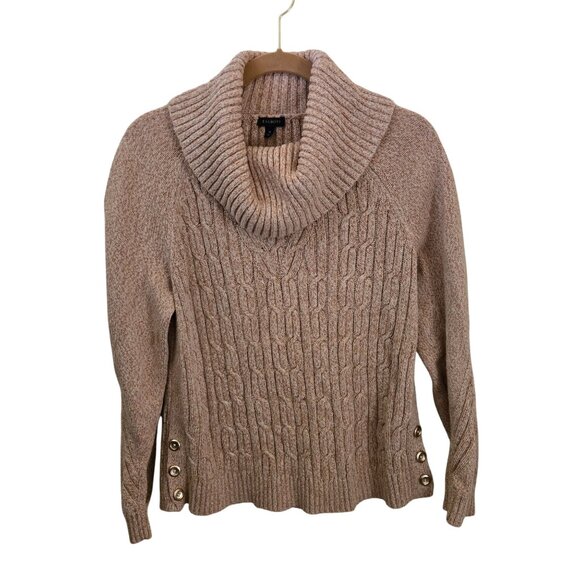 Talbots Cable Cowl Neck Sweater Tan Marled Gold Button Detail Sustainable Size M - Picture 2 of 8